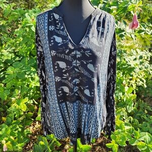 Lucky Brand Boho V-Neck Blouse With Floral Pattern And Embroidered Bell Sleeves